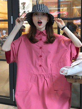 [핑크 당일배송] 데일리 카라 반단추 베이비돌 포켓 여름 반팔 셔츠 미니 원피스 (그린,핑크)