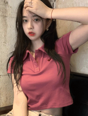 [핑크 당일배송] 카라 반단추 러브 하트 로고 반팔 여름 슬림 크롭 카라티 티셔츠 (화이트,핑크)