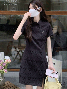 홍콩 차이나 유니크 여름 반팔 검정 라인 트임 미니 원피스 (블랙)