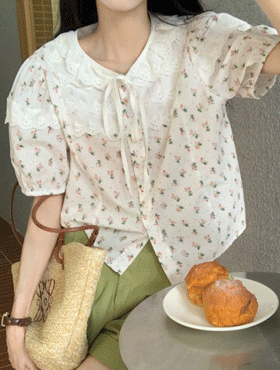 프릴 레이스 리본 핑크 꽃 플라워 앞단추 러블리 여름 반팔 공주 블라우스 (아이보리)